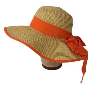 Charming Charlie broad brimmed floppy straw hat orange trim